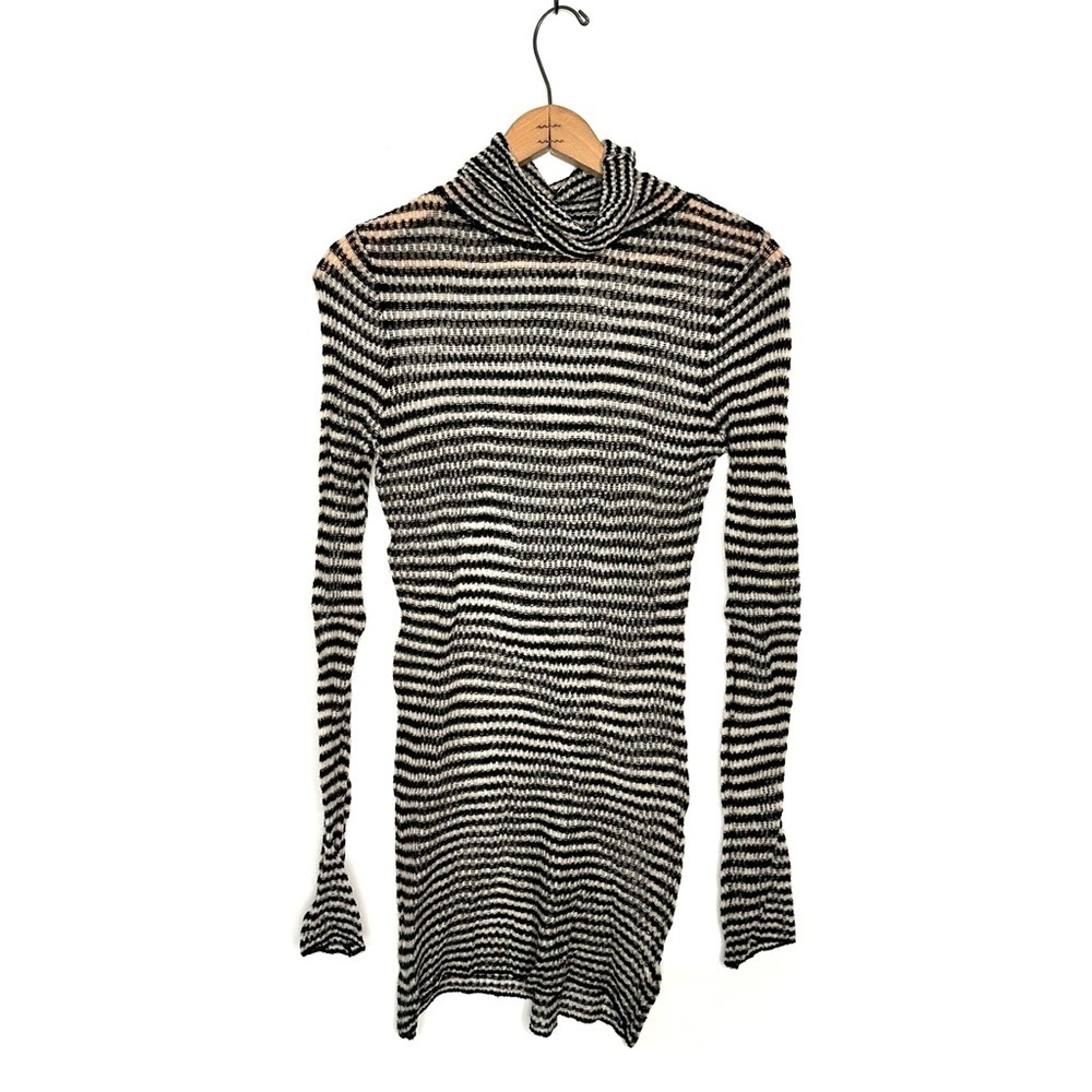 Free People | Black and Cream Striped Turtleneck Tunic Sweater Size Medium